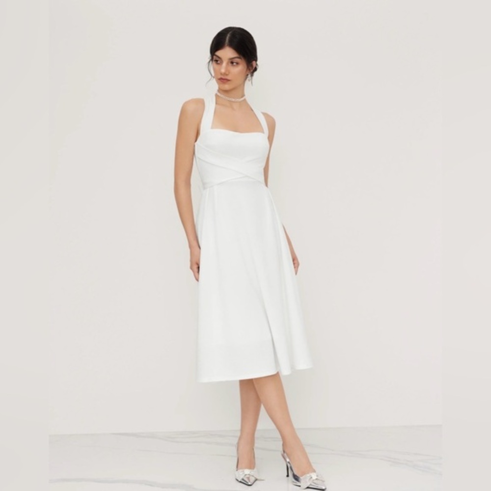 SQUARE NECK SOLID CRISS CROSS RUFFLE MIDI DRESS Ci1-7-S